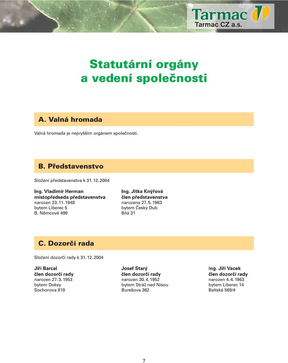 1963 bytem Liberec 5 bytem Český Dub B. Němcové 499 Bílá 31 C. Dozorčí rada Složení dozorčí rady k 31. 12. 2004 Jiří Barcal Josef Starý Ing.
