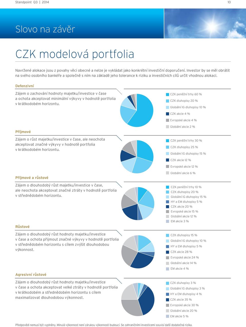 Defenzivní Zájem o zachování hodnoty majetku/investice v čase a ochota akceptovat minimální výkyvy v hodnotě portfolia v krátkodobém horizontu.