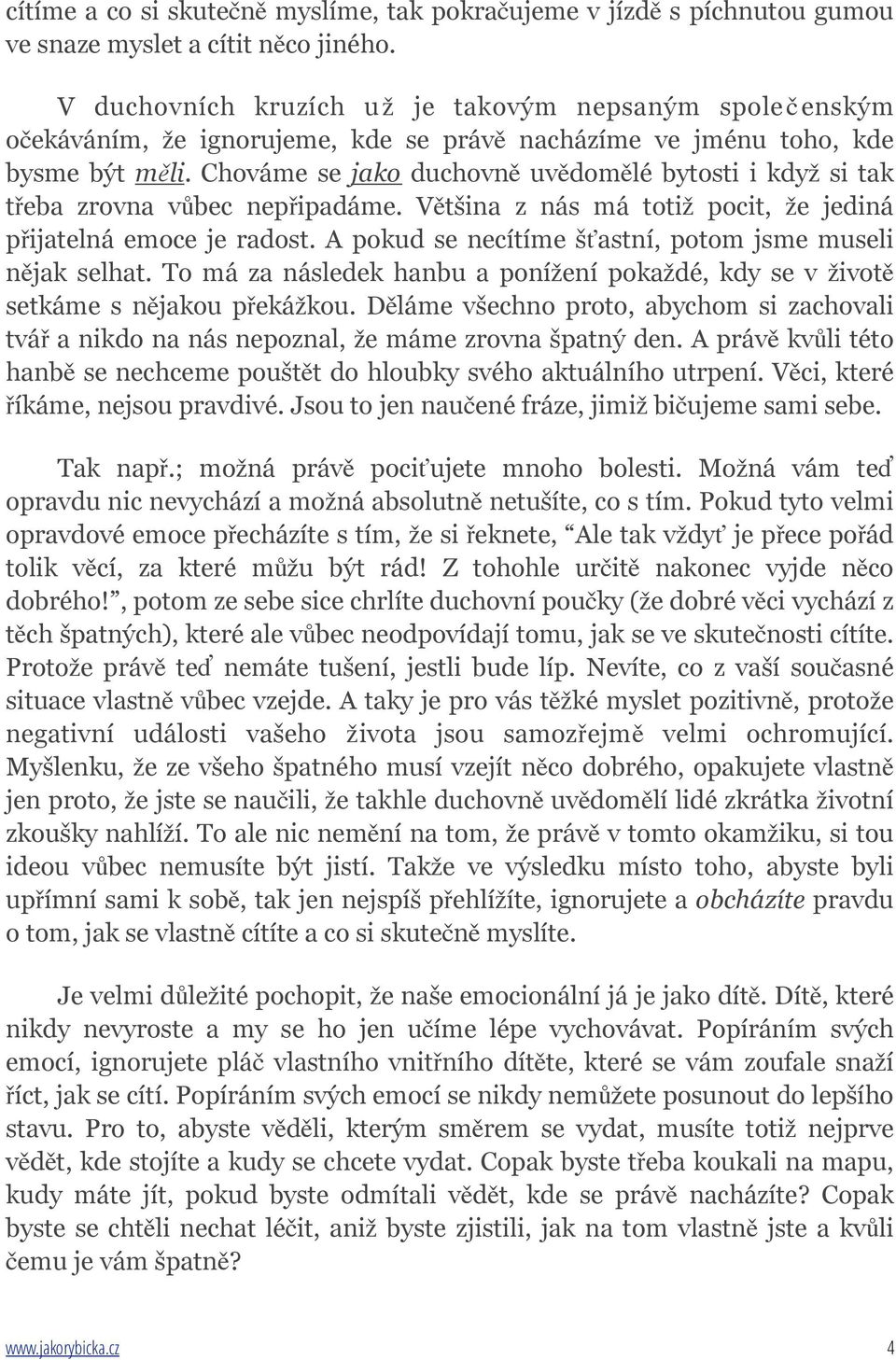 Chováme se jako duchovně uvědomělé bytosti i když si tak třeba zrovna vůbec nepřipadáme. Většina z nás má totiž pocit, že jediná přijatelná emoce je radost.