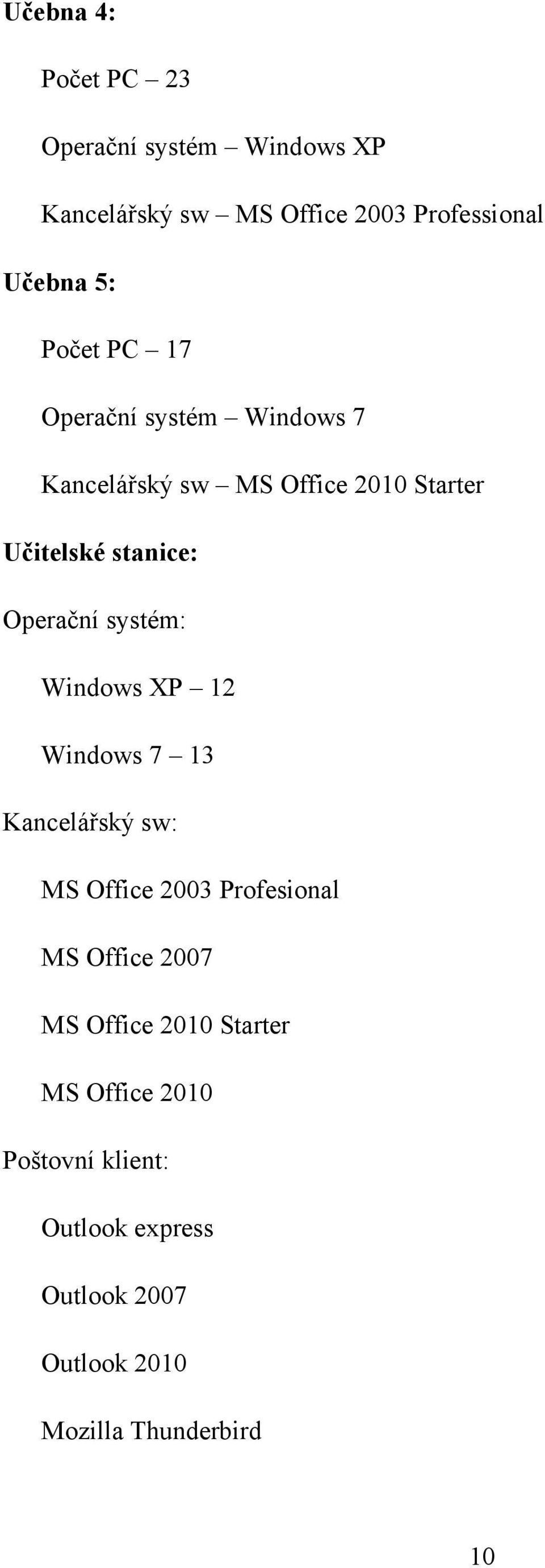 systém: Windows XP 12 Windows 7 13 Kancelářský sw: MS Office 2003 Profesional MS Office 2007 MS Office