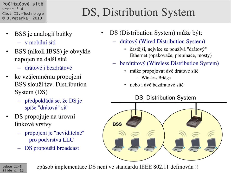 (Distribution System) může být: drátový (Wired Distribution System) častější, nejvíce se používá "drátový" Ethernet (opakovače, přepínače, mosty) bezdrátový (Wireless Distribution