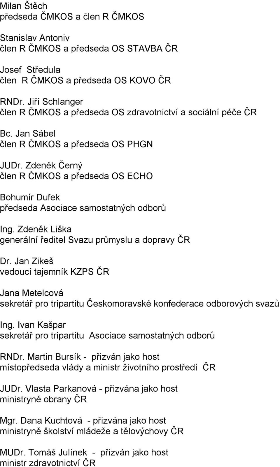 Zdeněk Černý člen R ČMKOS a předseda OS ECHO Bohumír Dufek předseda Asociace samostatných odborů Ing. Zdeněk Liška generální ředitel Svazu průmyslu a dopravy ČR Dr.