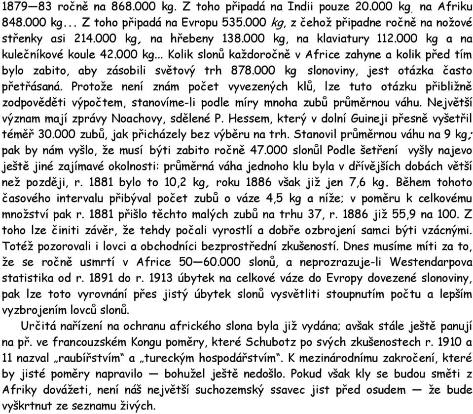 000 kg slonoviny, jest otázka často přetřásaná. Protože není znám počet vyvezených klů, lze tuto otázku přibližně zodpověděti výpočtem, stanovíme-li podle míry mnoha zubů průměrnou váhu.