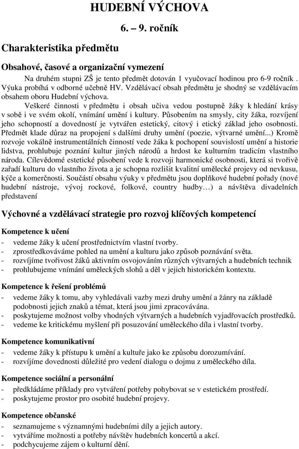 Veškeré činnosti v předmětu i obsah učiva vedou postupně žáky k hledání krásy v sobě i ve svém okolí, vnímání umění i kultury.