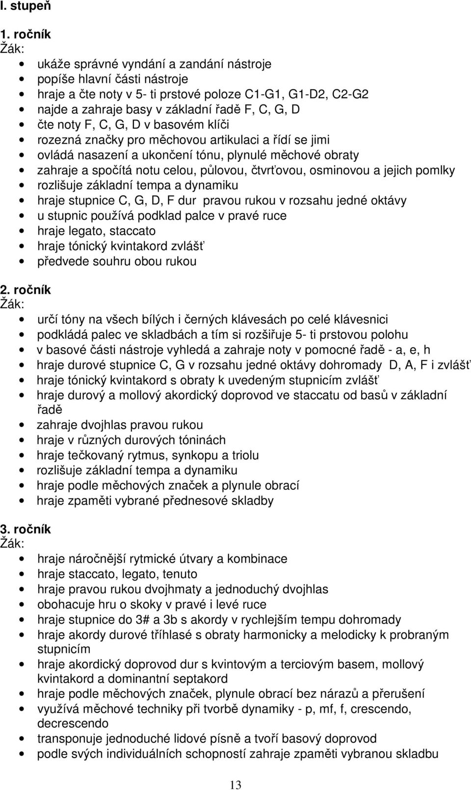 G, D v basovém klíči rozezná značky pro měchovou artikulaci a řídí se jimi ovládá nasazení a ukončení tónu, plynulé měchové obraty zahraje a spočítá notu celou, půlovou, čtvrťovou, osminovou a jejich