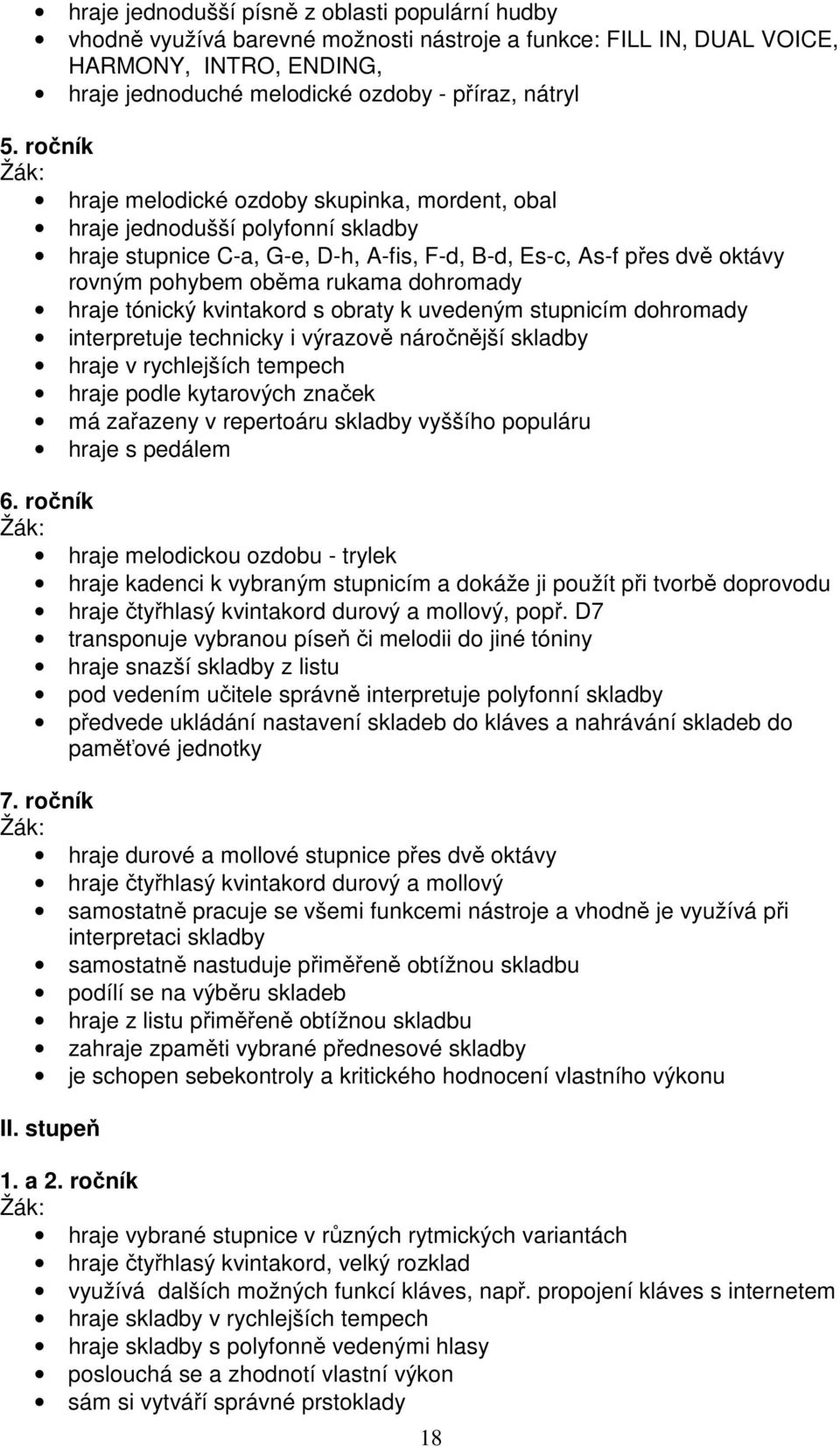 dohromady hraje tónický kvintakord s obraty k uvedeným stupnicím dohromady interpretuje technicky i výrazově náročnější skladby hraje v rychlejších tempech hraje podle kytarových značek má zařazeny v