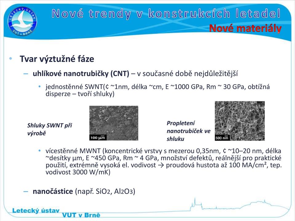 20 nm, délka ~desítky μm, E ~450 GPa, Rm ~ 4 GPa, množství defektů, reálnější pro praktické použití, extrémně vysoká el.