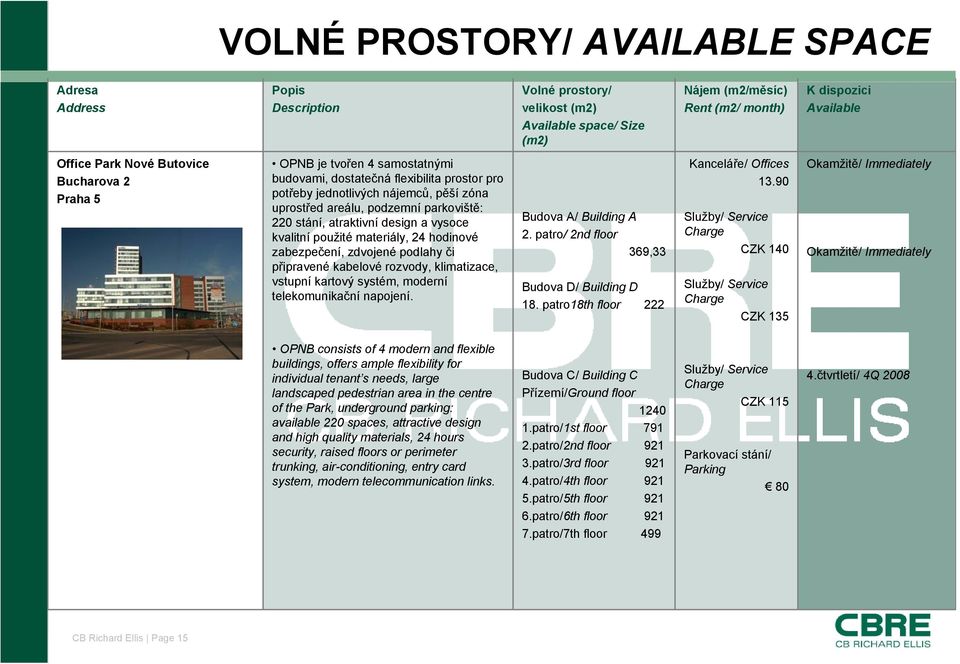 telekomunikační napojení. Budova A/ Building A 2. patro/ 2nd floor 369,33 Budova D/ Building D 18. patro18th floor 222 13.