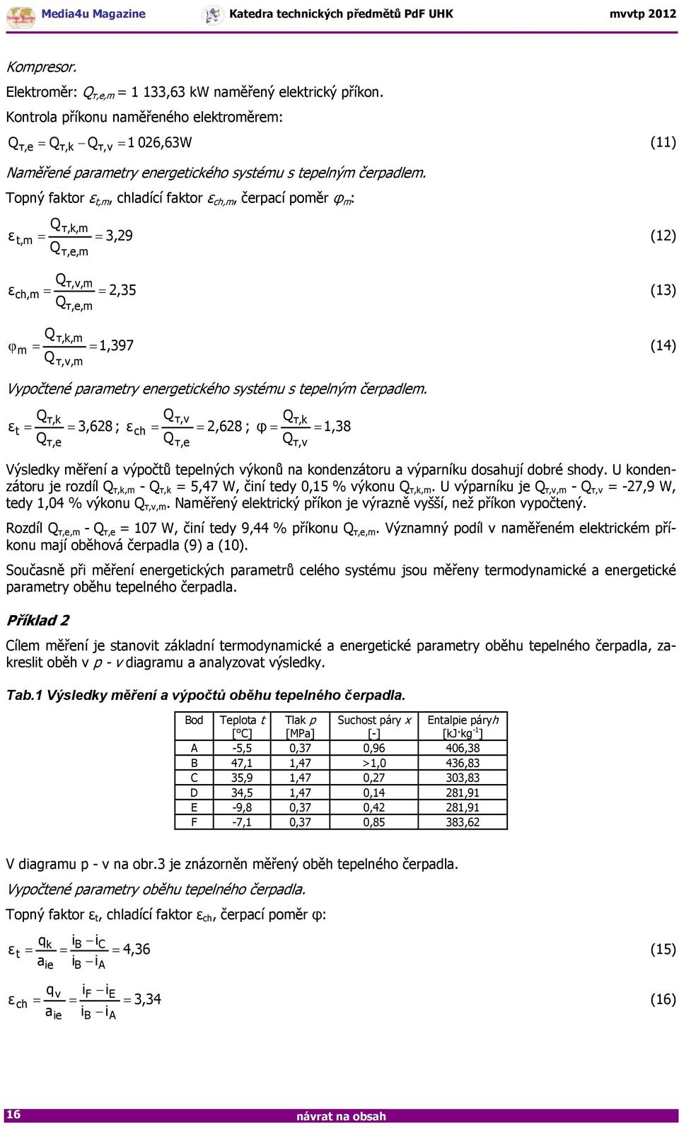 Topný faktor ε t,m, chladící faktor ε ch,m, čerpací poměr φ m : ε Q τ,k,m = 3,29 (12) Q t, m = τ,e,m Qτ,v,m εch, m = = 2,35 (13) Qτ,e,m Q τ,k,m φ m = = 1,397 (14) Q τ,v,m Vypočtené parametry