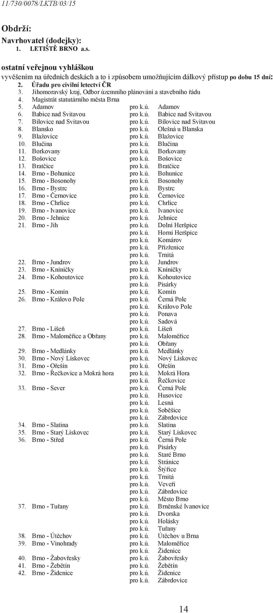 Bílovice nad Svitavou pro k.ú. Bílovice nad Svitavou 8. Blansko pro k.ú. Olešná u Blanska 9. Blažovice pro k.ú. Blažovice 10. Bluina pro k.ú. Bluina 11. Borkovany pro k.ú. Borkovany 12.