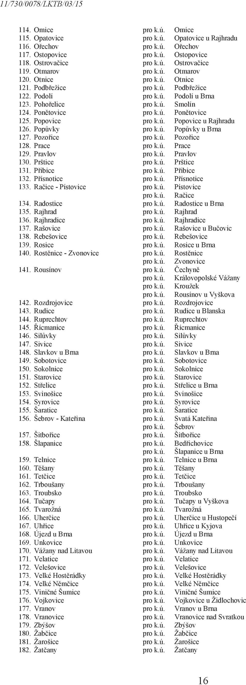 Popvky pro k.ú. Popvky u Brna 127. Pozoice pro k.ú. Pozoice 128. Prace pro k.ú. Prace 129. Pravlov pro k.ú. Pravlov 130. Prštice pro k.ú. Prštice 131. Pibice pro k.ú. Pibice 132. Písnotice pro k.ú. Písnotice 133.