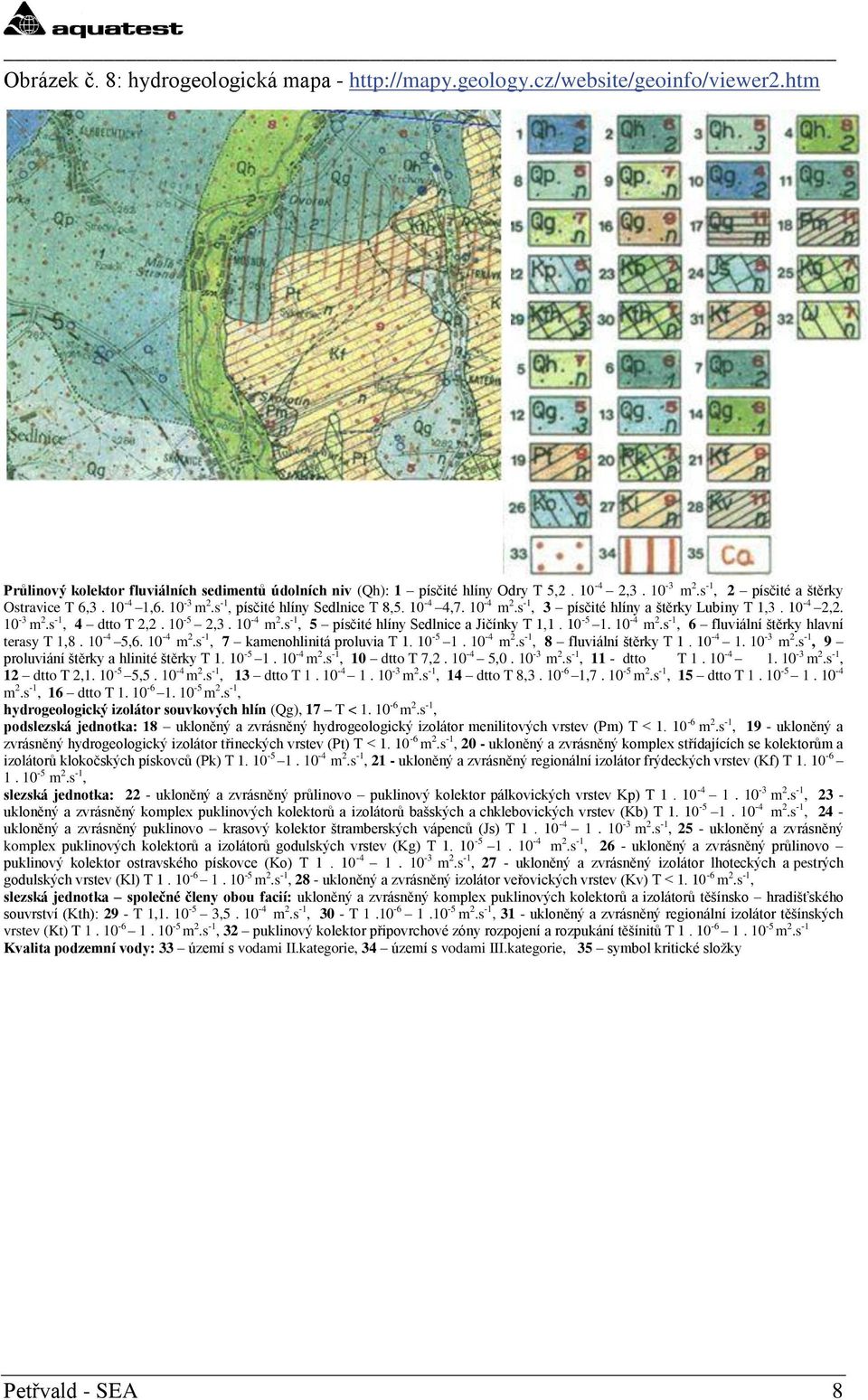 10-5 2,3. 10-4 m 2.s -1, 5 písčité hlíny Sedlnice a Jičínky T 1,1. 10-5 1. 10-4 m 2.s -1, 6 fluviální štěrky hlavní terasy T 1,8. 10-4 5,6. 10-4 m 2.s -1, 7 kamenohlinitá proluvia T 1. 10-5 1. 10-4 m 2.s -1, 8 fluviální štěrky T 1.