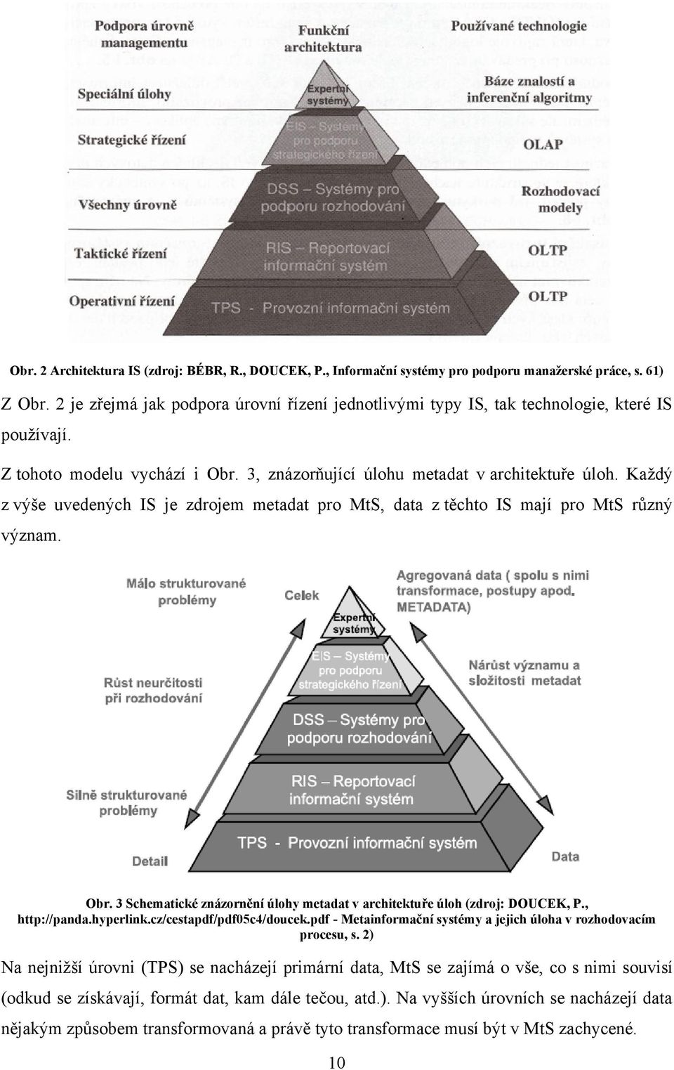 Kaţdý z výše uvedených IS je zdrojem metadat pro MtS, data z těchto IS mají pro MtS různý význam. Obr. 3 Schematické znázornění úlohy metadat v architektuře úloh (zdroj: DOUCEK, P., http://panda.