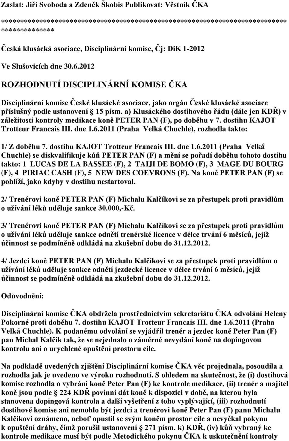 a) Klusáckého dostihového řádu (dále jen KDŘ) v záležitosti kontroly medikace koně PETER PAN (F), po doběhu v 7. dostihu KAJOT Trotteur Francais III. dne 1.6.