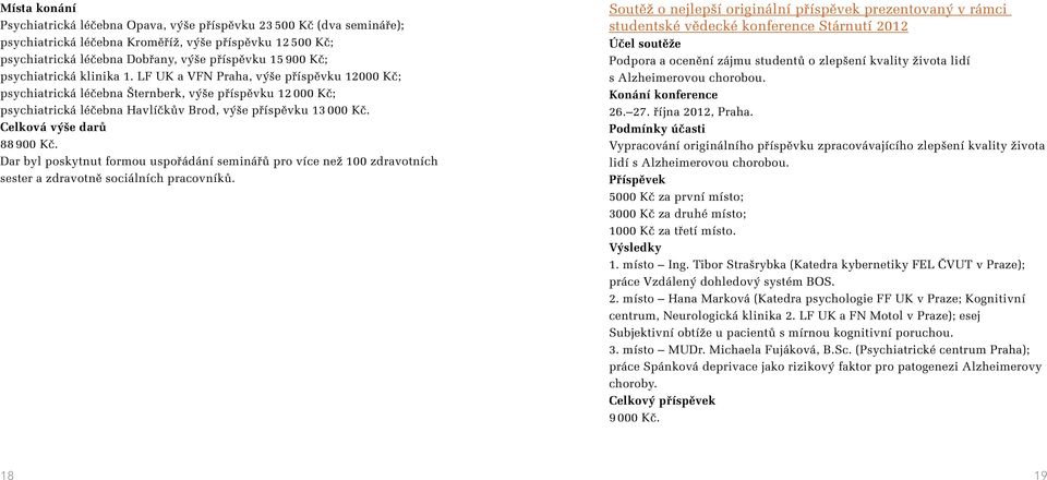 Celková výše darů 88 900 Kč. Dar byl poskytnut formou uspořádání seminářů pro více než 100 zdravotních sester a zdravotně sociálních pracovníků.