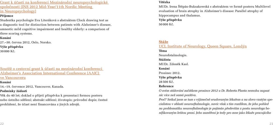 30. června 2012, Oslo, Norsko. Výše příspěvku 30 000 Kč. Soutěž o cestovní grant k účasti na mezinárodní konferenci Alzheimer s Association International Conference (AAIC) ve Vancouveru Konání 14. 19.