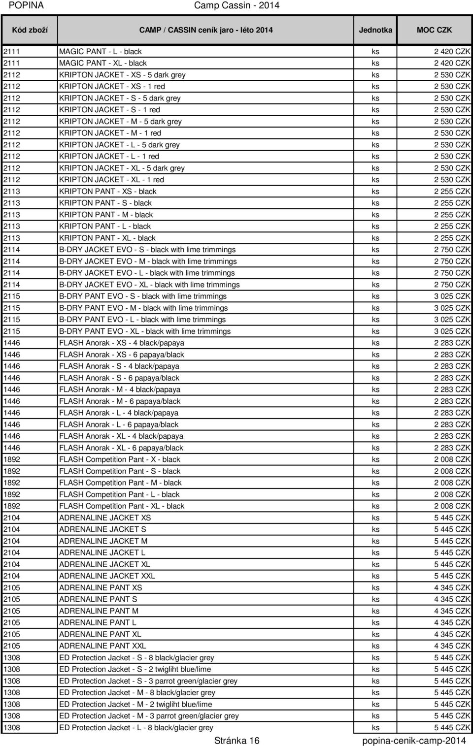 - L - 5 dark grey ks 2 530 CZK 2112 KRIPTON JACKET - L - 1 red ks 2 530 CZK 2112 KRIPTON JACKET - XL - 5 dark grey ks 2 530 CZK 2112 KRIPTON JACKET - XL - 1 red ks 2 530 CZK 2113 KRIPTON PANT - XS -