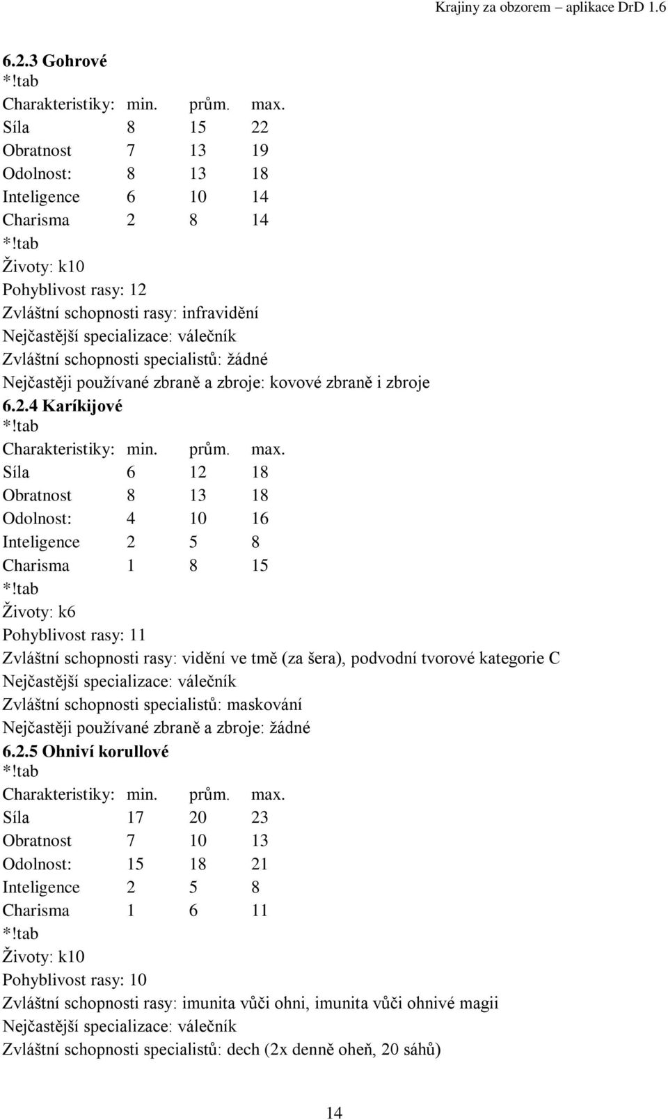 schopnosti specialistů: ţádné Nejčastěji pouţívané zbraně a zbroje: kovové zbraně i zbroje 6.2.4 Karíkijové Charakteristiky: min. prům. max.