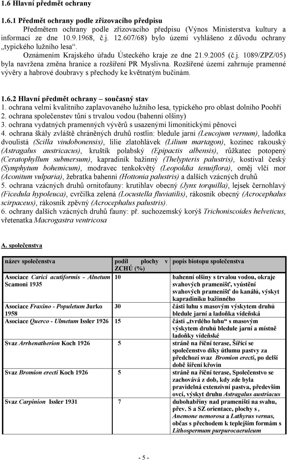 Rozšířené území zahrnuje pramenné vývěry a habrové doubravy s přechody ke květnatým bučinám. 1.6.2 Hlavní předmět ochrany současný stav 1.