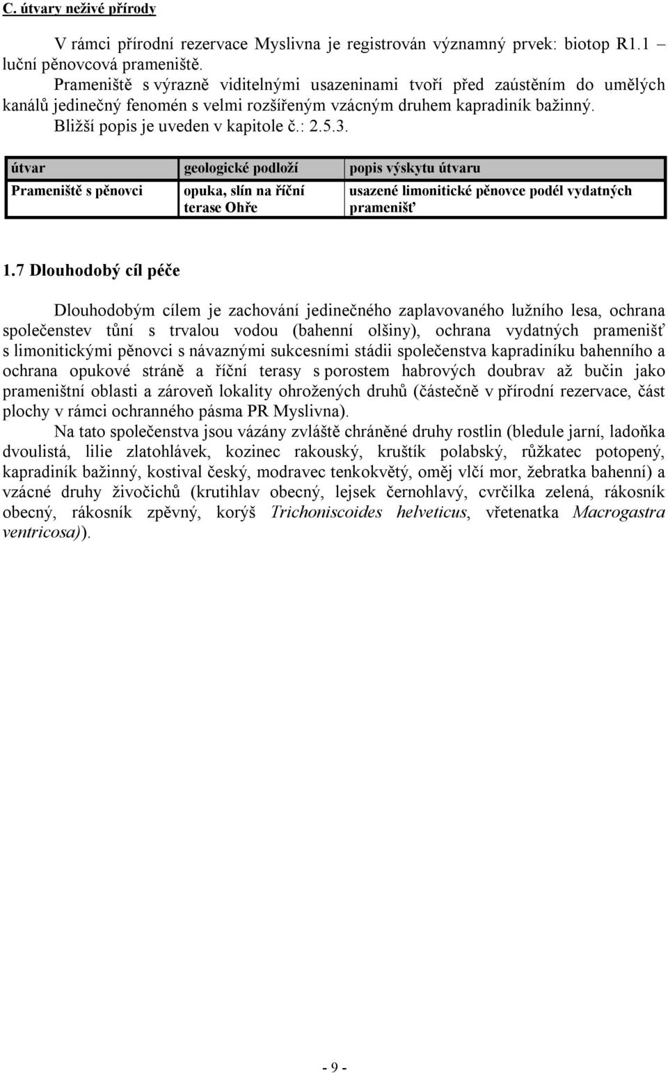 útvar geologické podloží popis výskytu útvaru Prameniště s pěnovci opuka, slín na říční terase Ohře usazené limonitické pěnovce podél vydatných pramenišť 1.