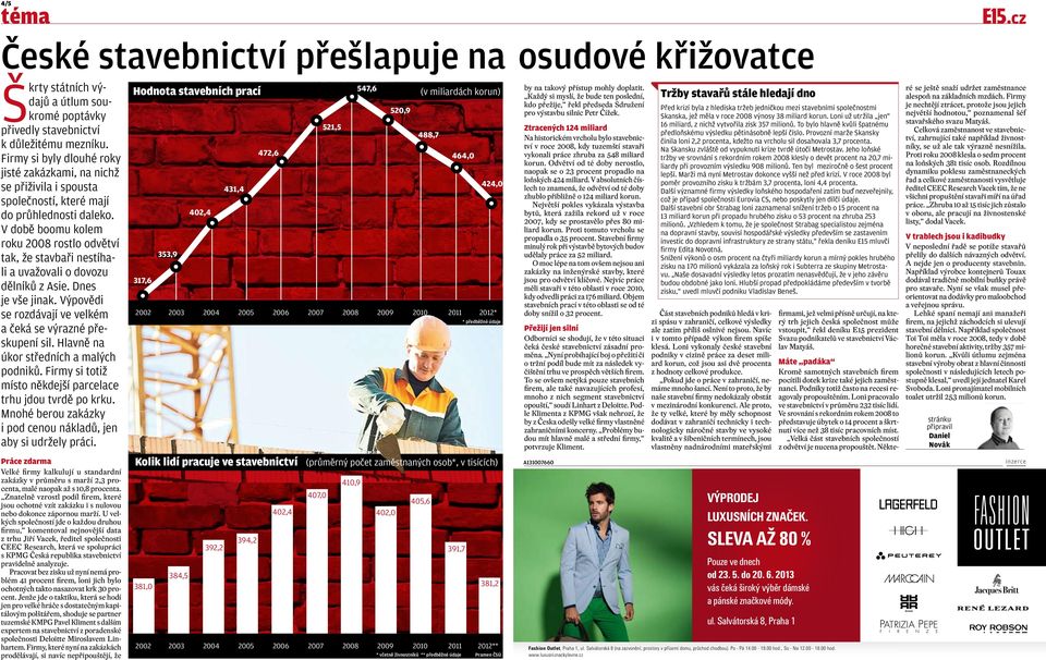 V době boomu kolem roku 2008 rostlo odvětví tak, že stavbaři nestíhali a uvažovali o dovozu dělníků z Asie. Dnes je vše jinak. Výpovědi se rozdávají ve velkém a čeká se výrazné přeskupení sil.