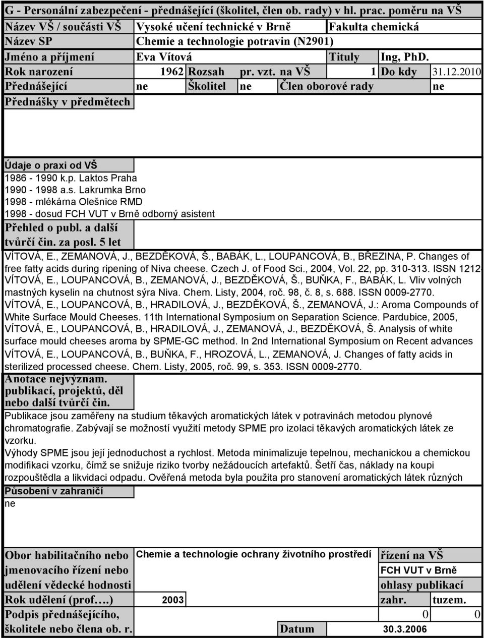 Praha 1990-1998 a.s. Lakrumka Brno 1998 - mlékárna Olešnice RMD 1998 - dosud FCH VUT v Brně odborný asistent Přehled o publ. a další tvůrčí čin. za posl. 5 let VÍTOVÁ, E., ZEMANOVÁ, J., BEZDĚKOVÁ, Š.