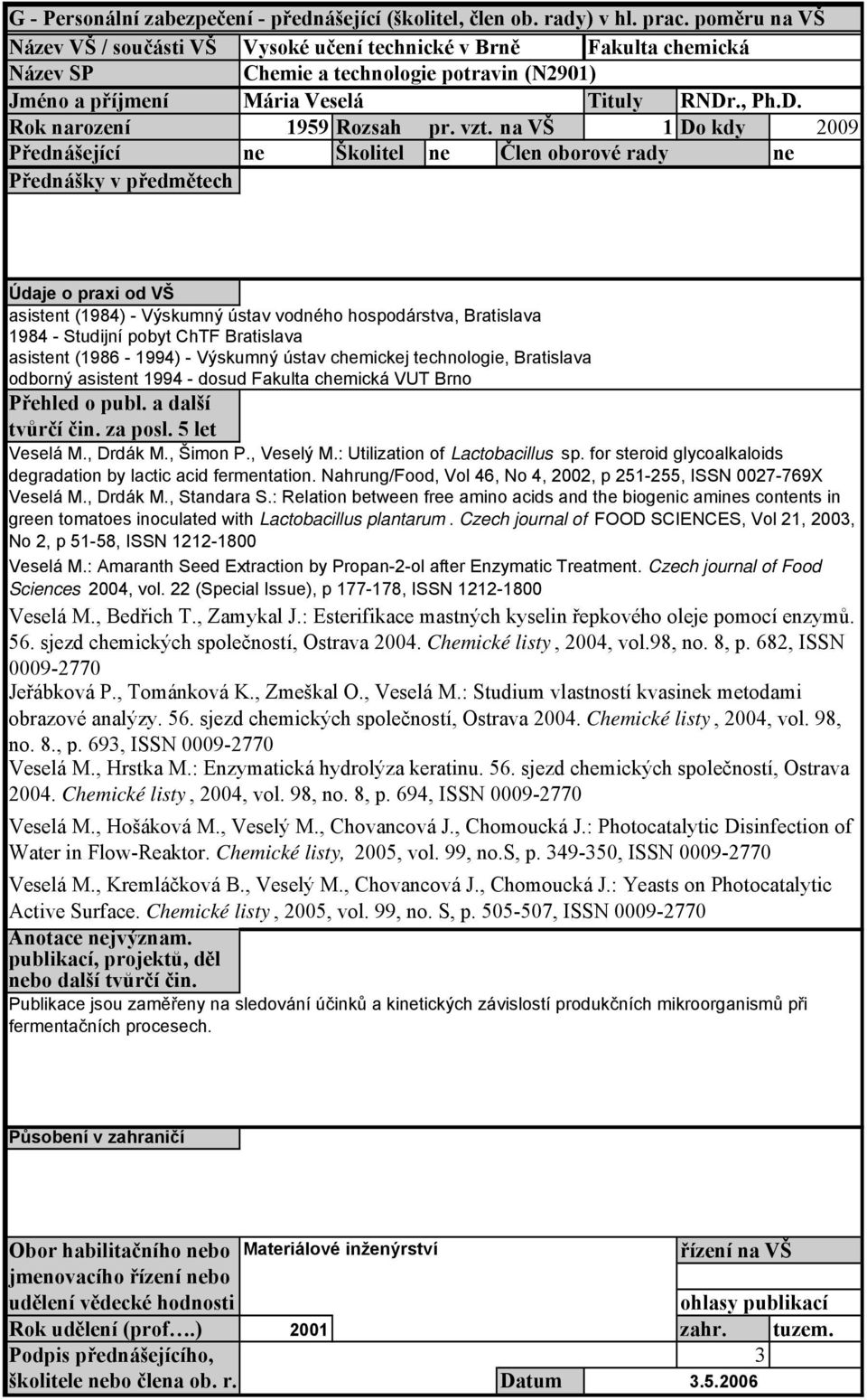 pobyt ChTF Bratislava asistent (1986-1994) - Výskumný ústav chemickej technologie, Bratislava odborný asistent 1994 - dosud VUT Brno Přehled o publ. a další tvůrčí čin. za posl. 5 let Veselá M.