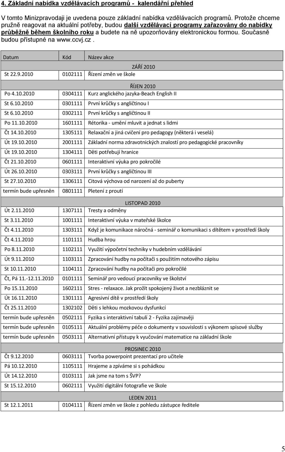 Současně budou přístupné na www.ccvj.cz. Datum Kód Název akce ZÁŘÍ 2010 St 22.9.2010 0102111 Řízení změn ve škole ŘÍJEN 2010 Po 4.10.2010 0304111 Kurz anglického jazyka-beach English II St 6.10.2010 0301111 První krůčky s angličtinou I St 6.