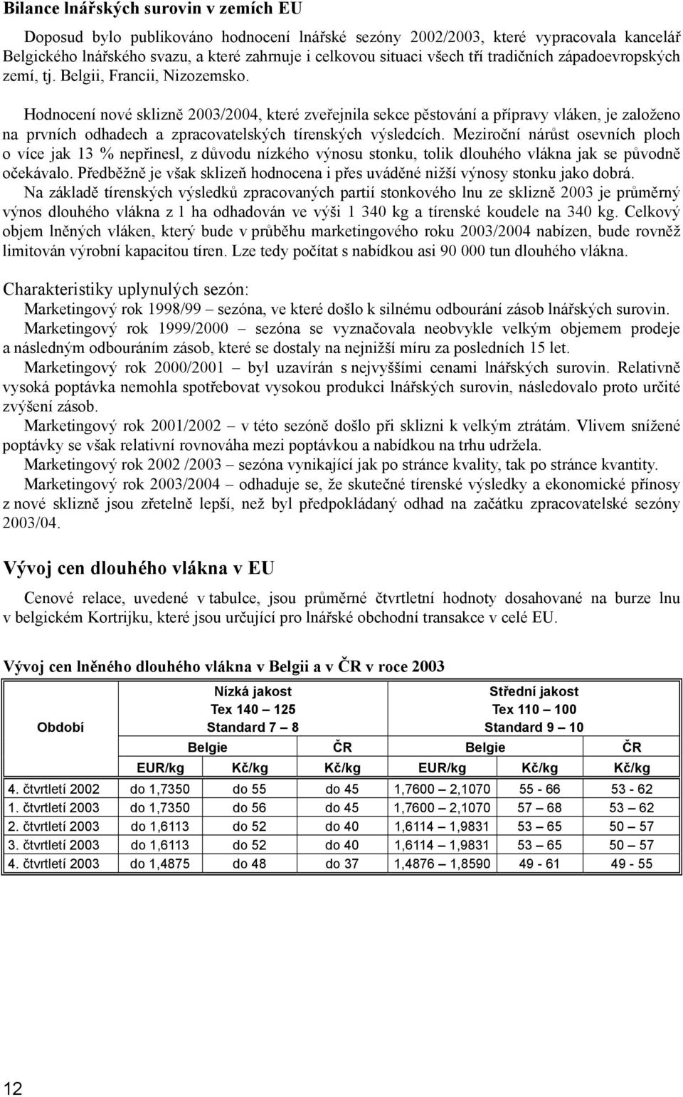 Hodnocení nové sklizně 2003/2004, které zveřejnila sekce pěstování a přípravy vláken, je založeno na prvních odhadech a zpracovatelských tírenských výsledcích.