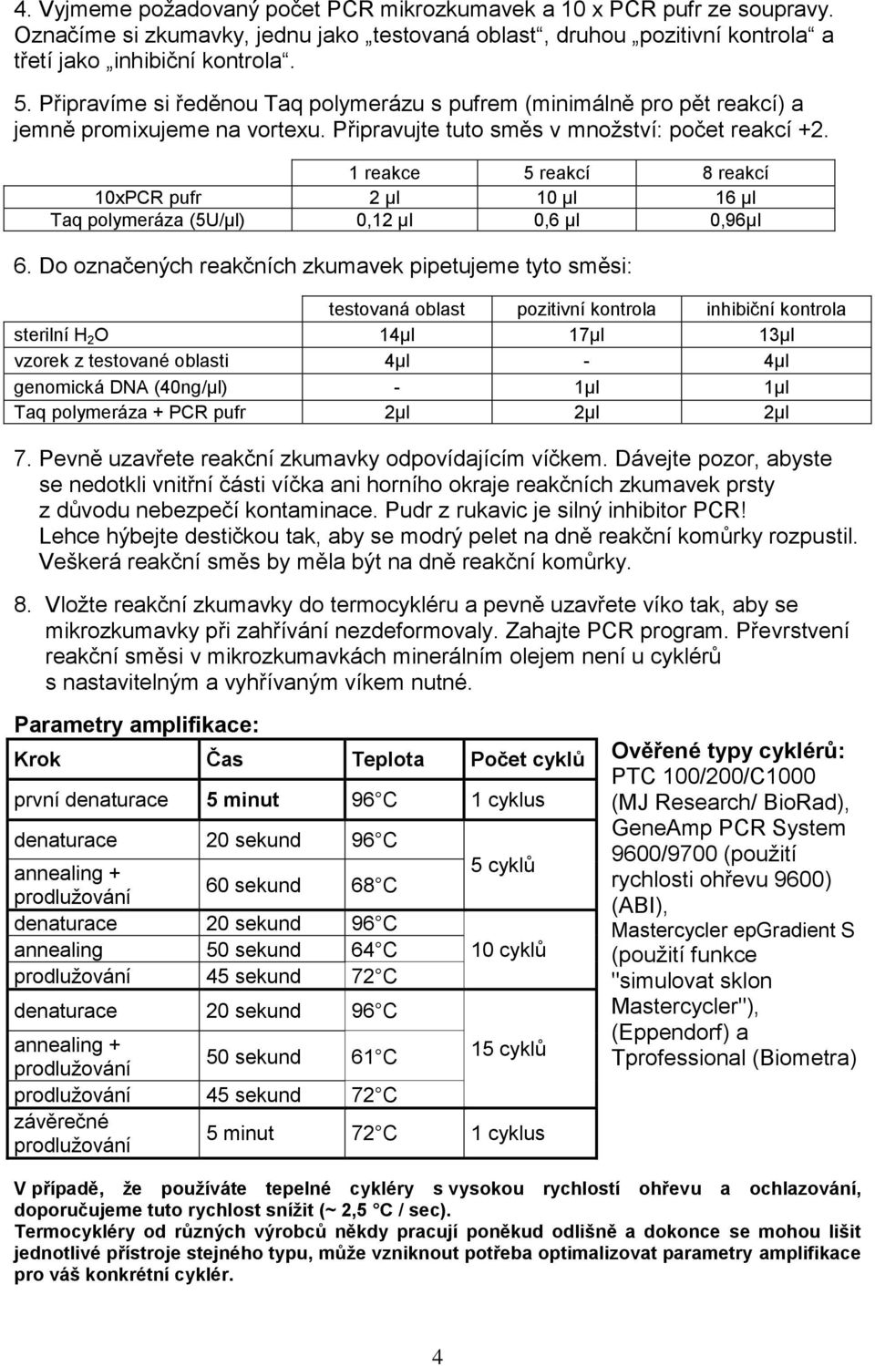 1 reakce 5 reakcí 8 reakcí 10xPCR pufr 2 μl 10 μl 16 μl Taq polymeráza (5U/μl) 0,12 μl 0,6 μl 0,96μl 6.