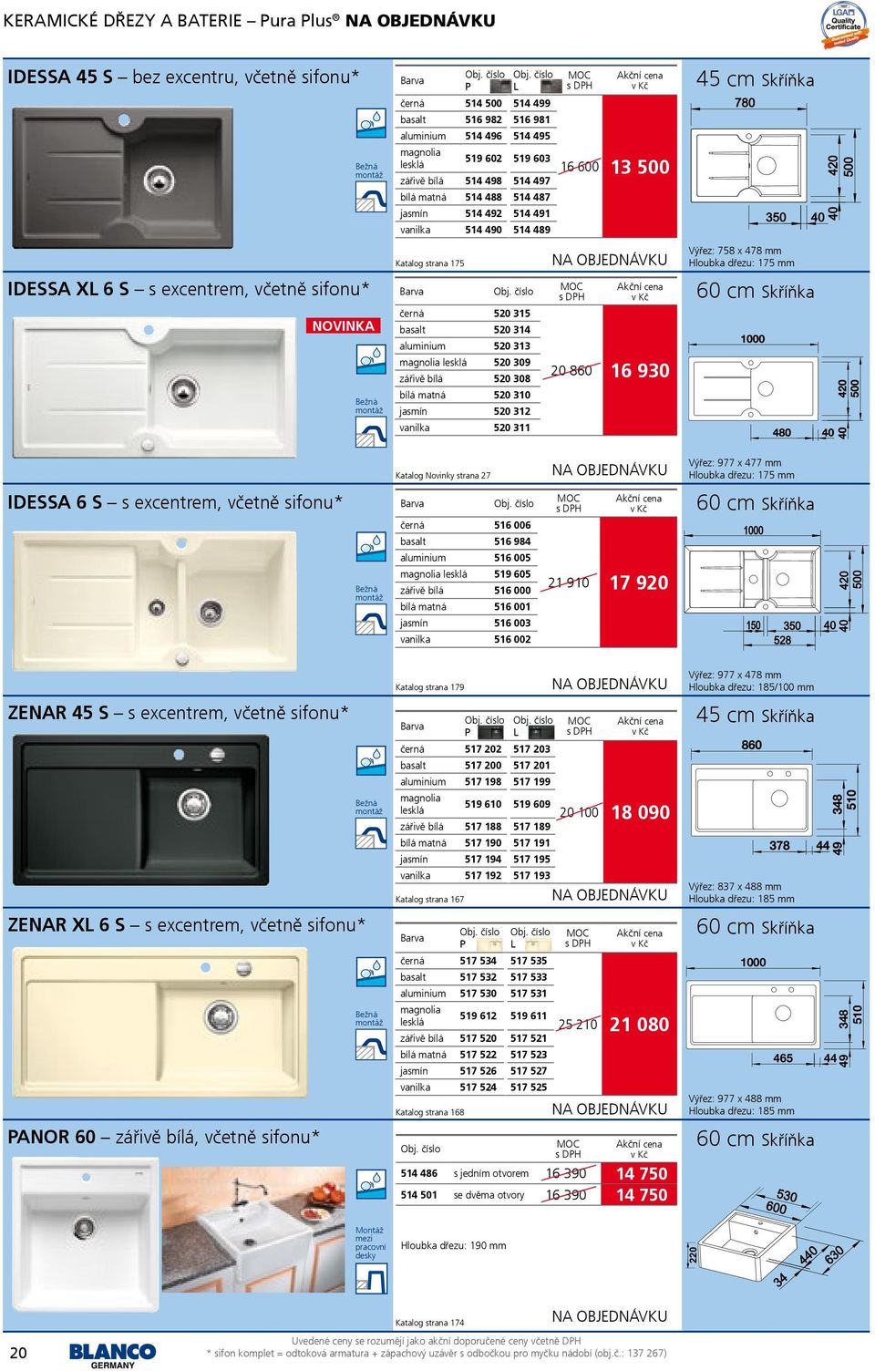 matná 520 310 520 312 vanilka 520 311 16 600 13 500 20 860 16 930 Výřez: 758 x 478 mm Hloubka dřezu: 175 mm IDESSA 6 S s excentrem, včetně sifonu* Katalog Novinky strana 27 černá 516 006 basalt 516