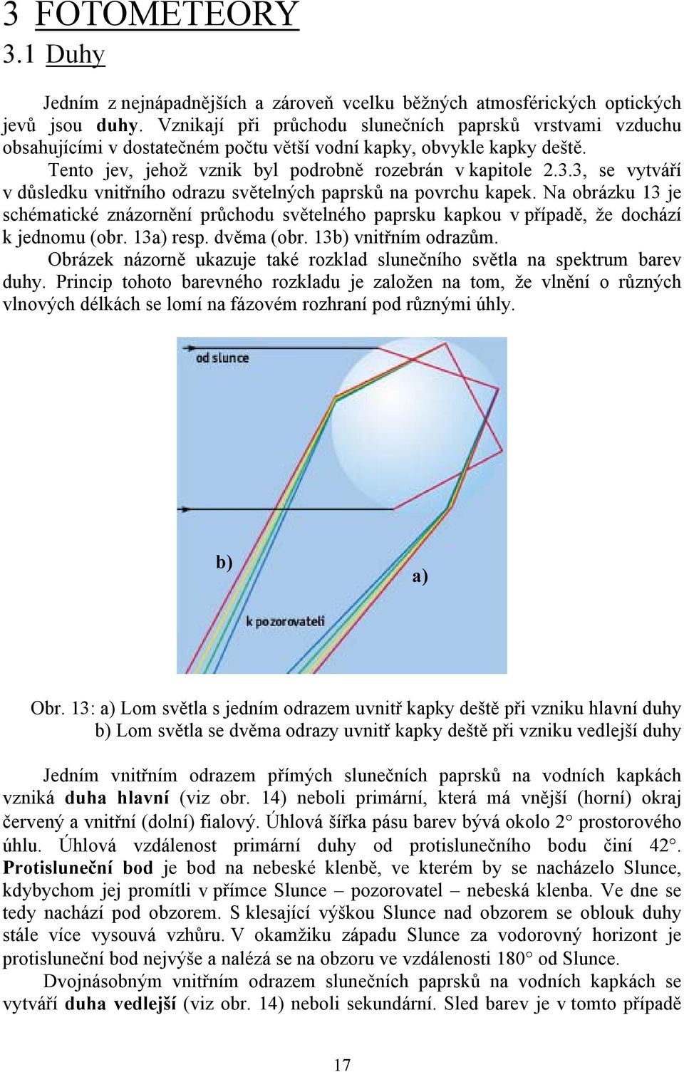3, se vytváří v důsledku vnitřního odrazu světelných paprsků na povrchu kapek. Na obrázku 13 je schématické znázornění průchodu světelného paprsku kapkou v případě, že dochází k jednomu (obr.
