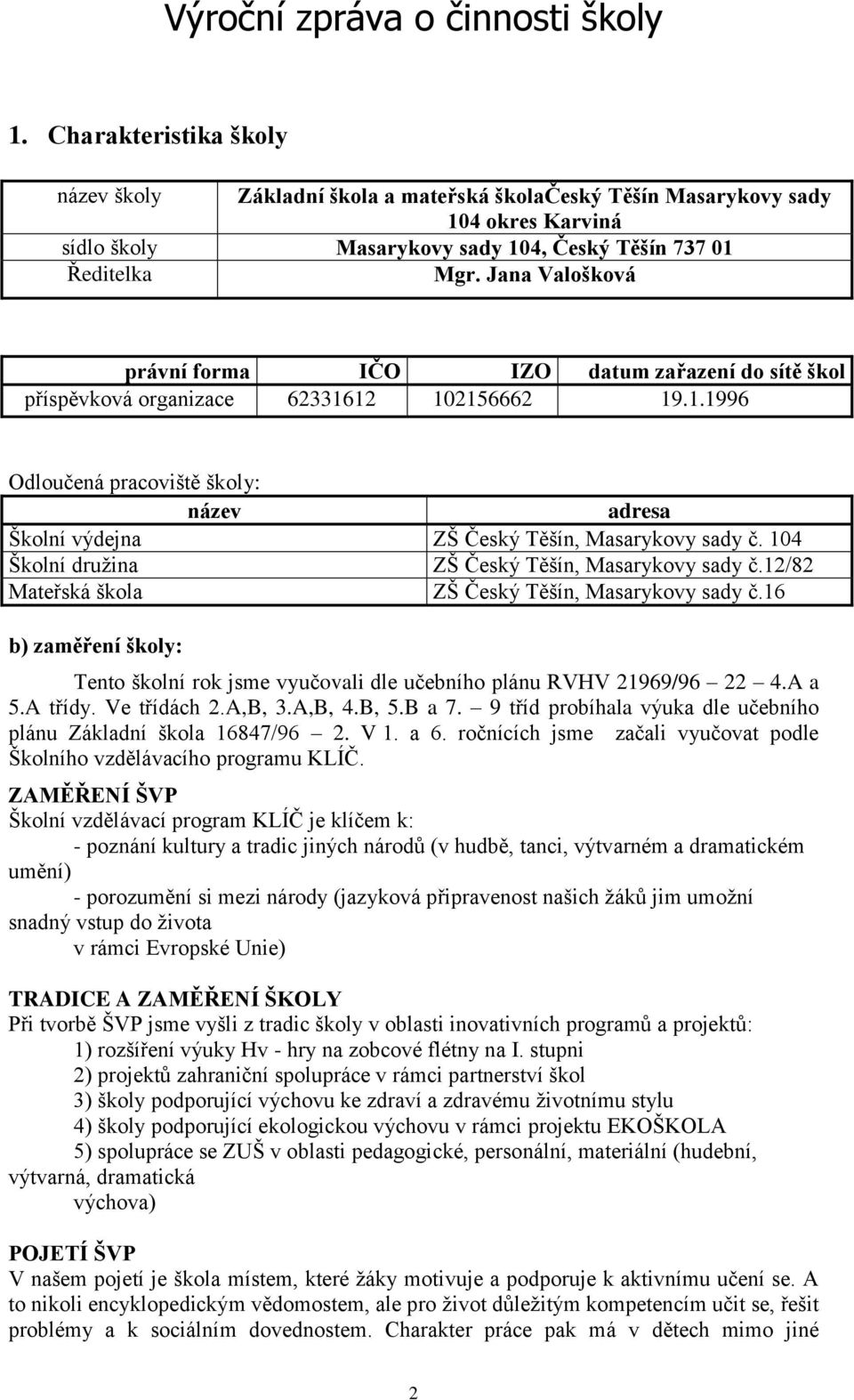 Jana Valošková právní forma IČO IZO datum zařazení do sítě škol příspěvková organizace 62331612 102156662 19.1.1996 Odloučená pracoviště školy: název adresa Školní výdejna ZŠ Český Těšín, Masarykovy sady č.