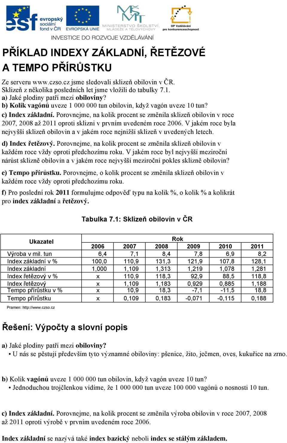 Porovnejme, na kolik procen se změnila sklizeň obilovin v roce 2007, 2008 až 2011 oproi sklizni v prvním uvedeném roce 2006.