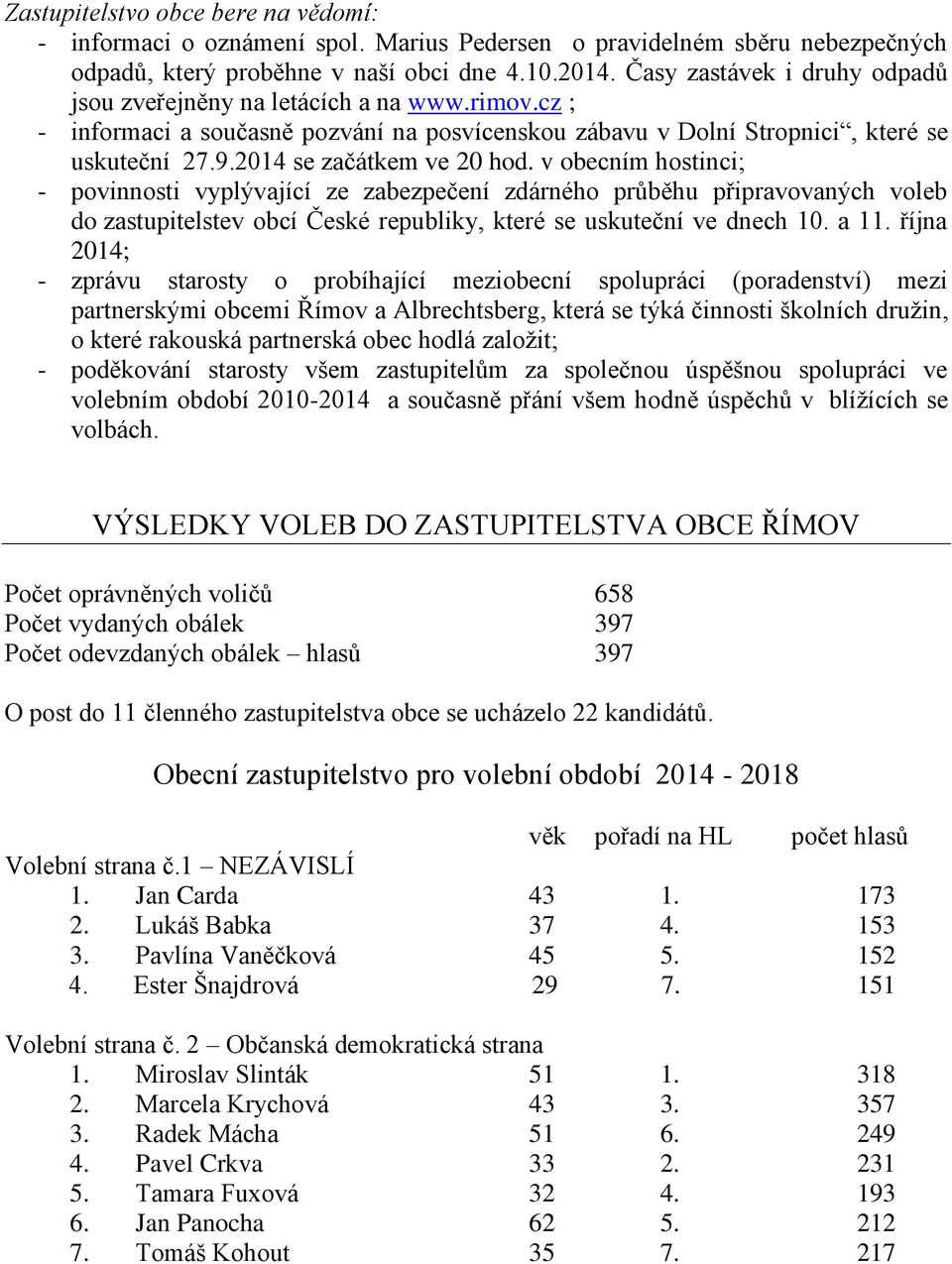 2014 se začátkem ve 20 hod. v obecním hostinci; - povinnosti vyplývající ze zabezpečení zdárného průběhu připravovaných voleb do zastupitelstev obcí České republiky, které se uskuteční ve dnech 10.