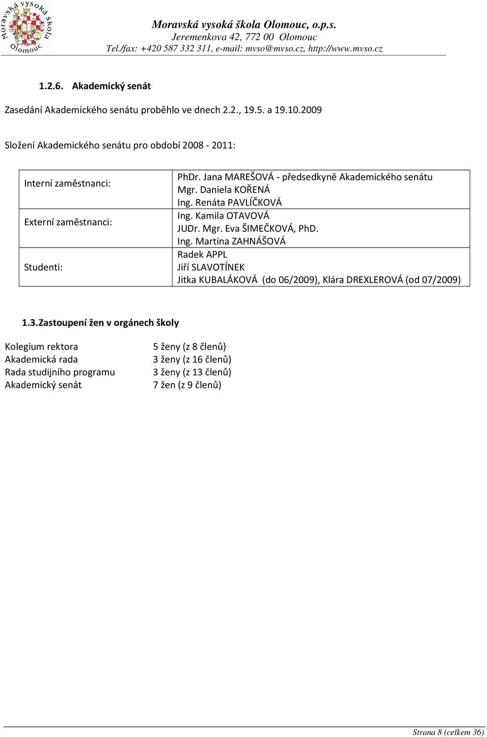 Daniela KOŘENÁ Ing. Renáta PAVLÍČKOVÁ Ing. Kamila OTAVOVÁ JUDr. Mgr. Eva ŠIMEČKOVÁ, PhD. Ing. Martina ZAHNÁŠOVÁ Radek APPL Jiří SLAVOTÍNEK Jitka KUBALÁKOVÁ (do 06/2009), Klára DREXLEROVÁ (od 07/2009) 1.