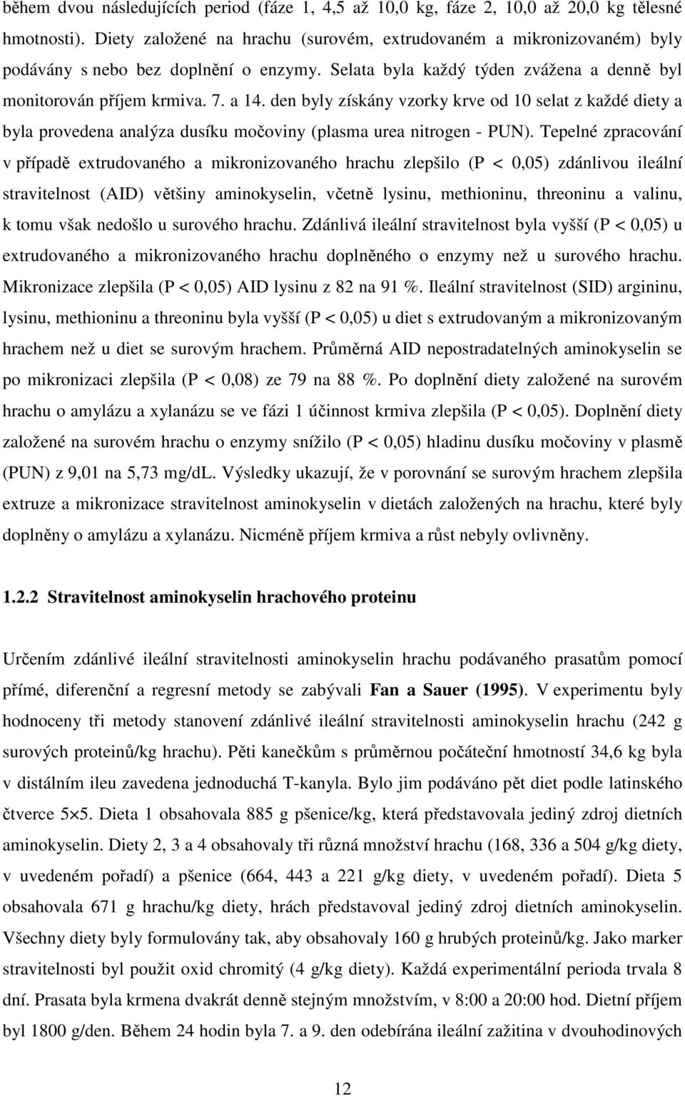 den byly získány vzorky krve od 10 selat z každé diety a byla provedena analýza dusíku močoviny (plasma urea nitrogen - PUN).