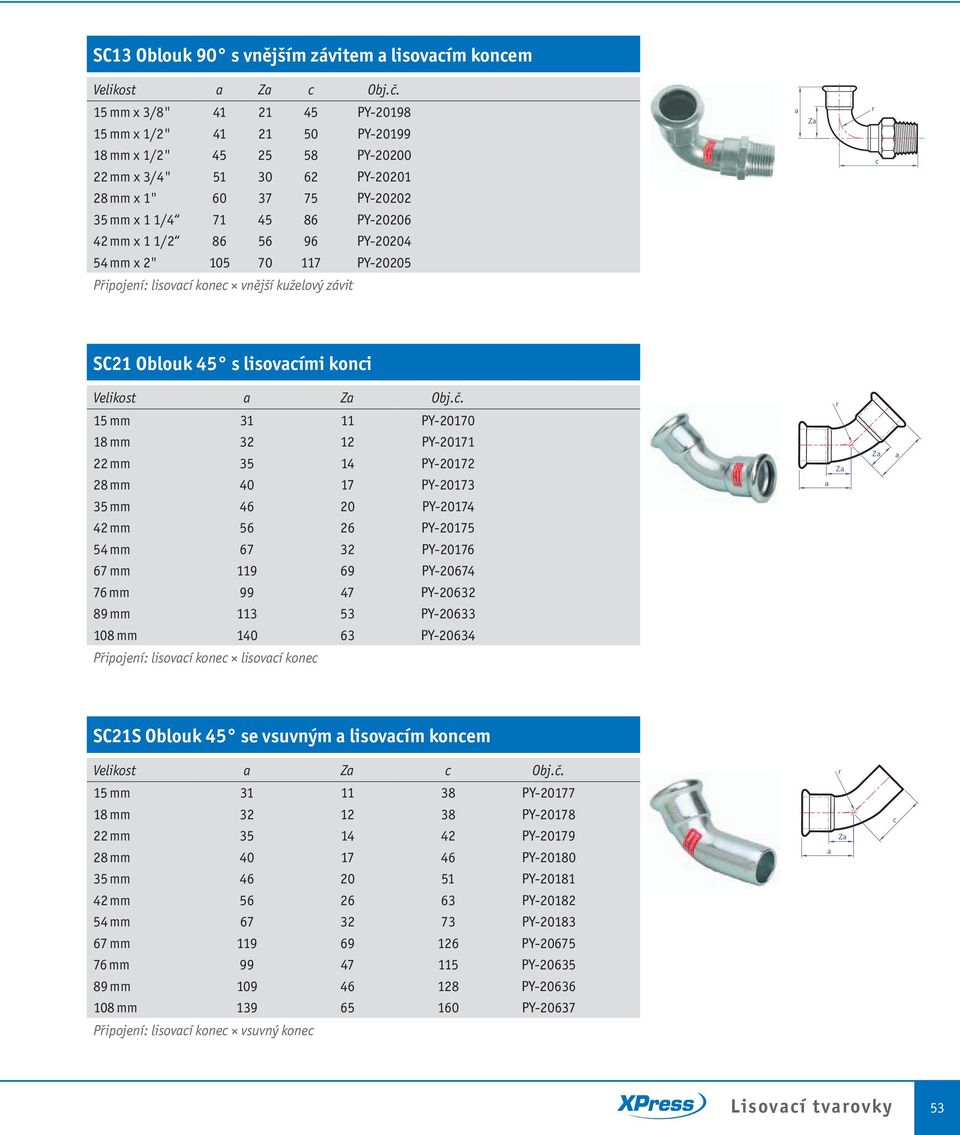 1/2 86 56 96 PY-20204 54 mm x 2" 105 70 117 PY-20205 Připojení: lisoví kone vnější kuželový závit SC21 Oblouk 45 s lisovími koni Velikost Z Obj.č.
