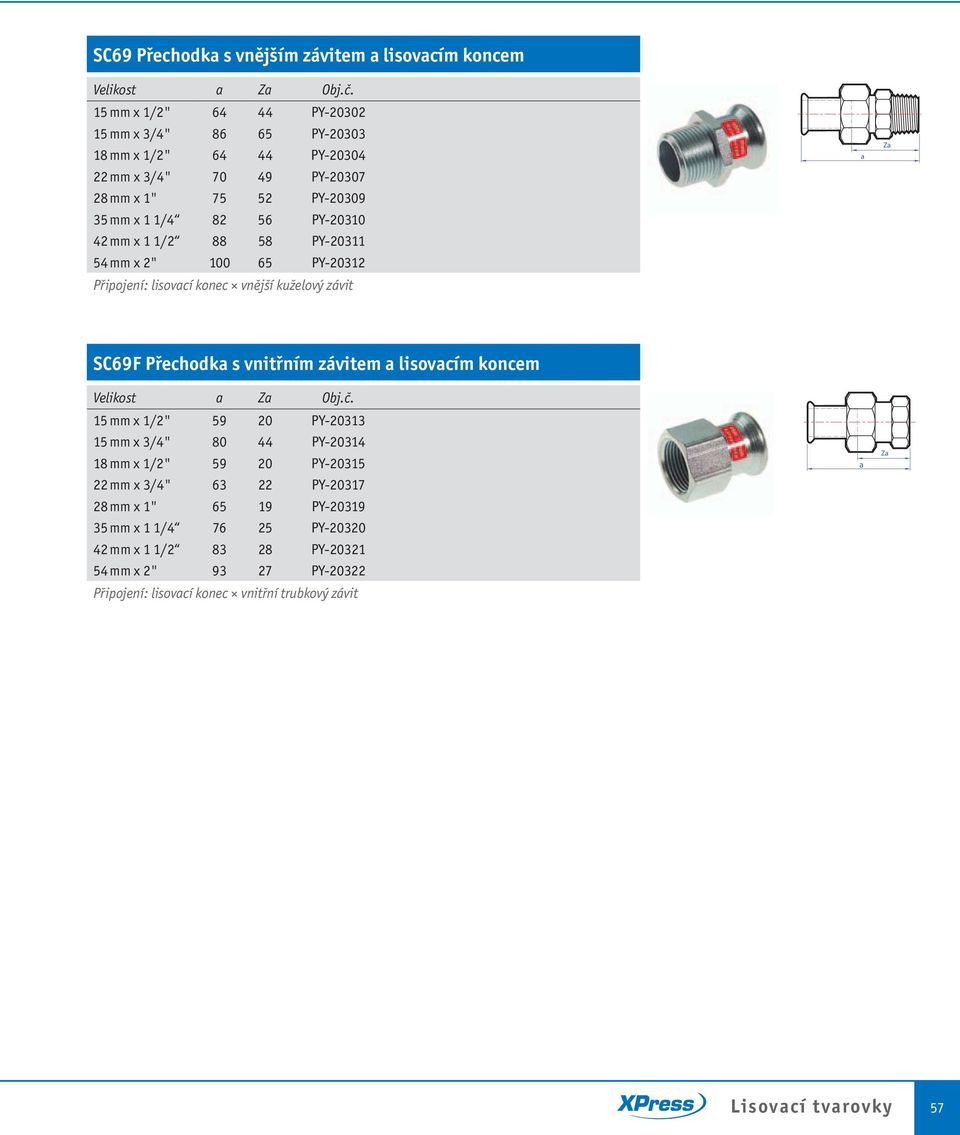 mm x 1 1/2 88 58 PY-20311 54 mm x 2" 100 65 PY-20312 Připojení: lisoví kone vnější kuželový závit Z SC69F Přehodk s vnitřním závitem lisovím konem Velikost Z Obj.č.