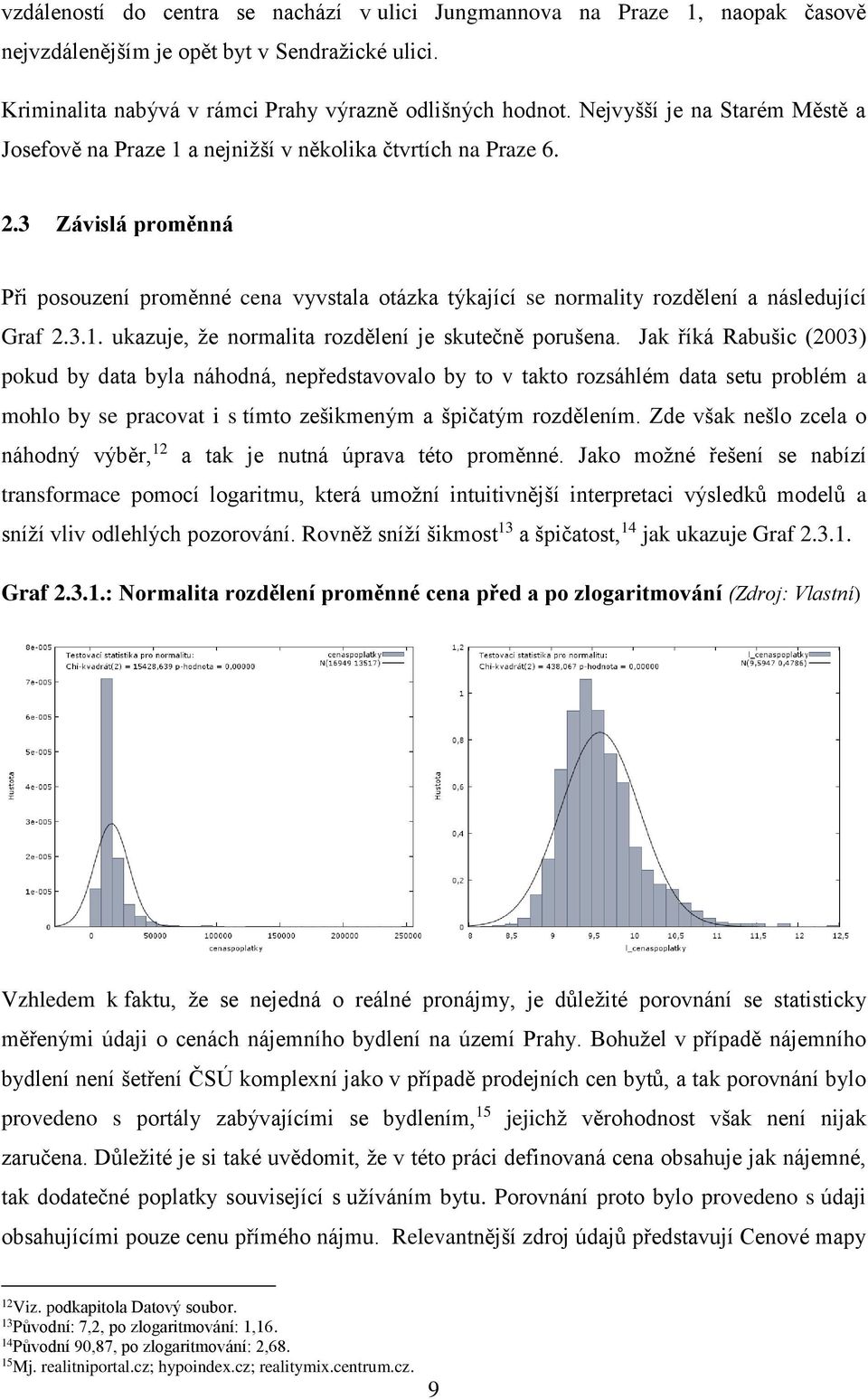 3 Závislá proměnná Při posouzení proměnné cena vyvstala otázka týkající se normality rozdělení a následující Graf 2.3.1. ukazuje, že normalita rozdělení je skutečně porušena.