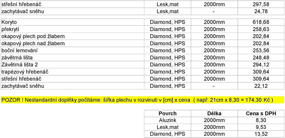 lišta 2 Diamond, HPS 2000mm 294,12 trapézový hřebenáč Diamond, HPS 2000mm 309,64 střešní hřebenáč Diamond, HPS 2000mm 309,64 zachytávač sněhu Diamond, HPS - 22,12 POZOR!
