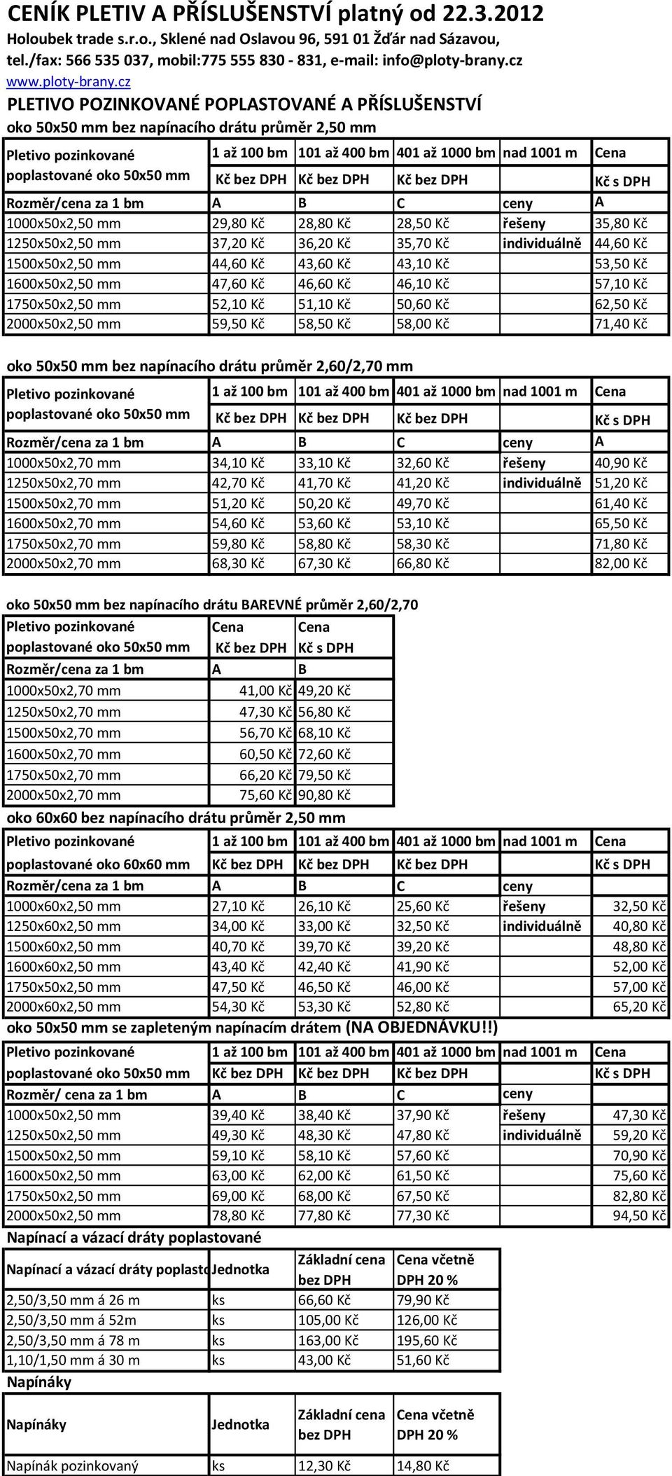 cz PLETIVO POZINKOVANÉ POPLASTOVANÉ A PŘÍSLUŠENSTVÍ oko 50x50 mm bez napínacího drátu průměr 2,50 mm 1 až 100 bm 101 až 400 bm 401 až 1000 bm nad 1001 m Cena poplastované oko 50x50 mm Kč Kč Kč Kč s