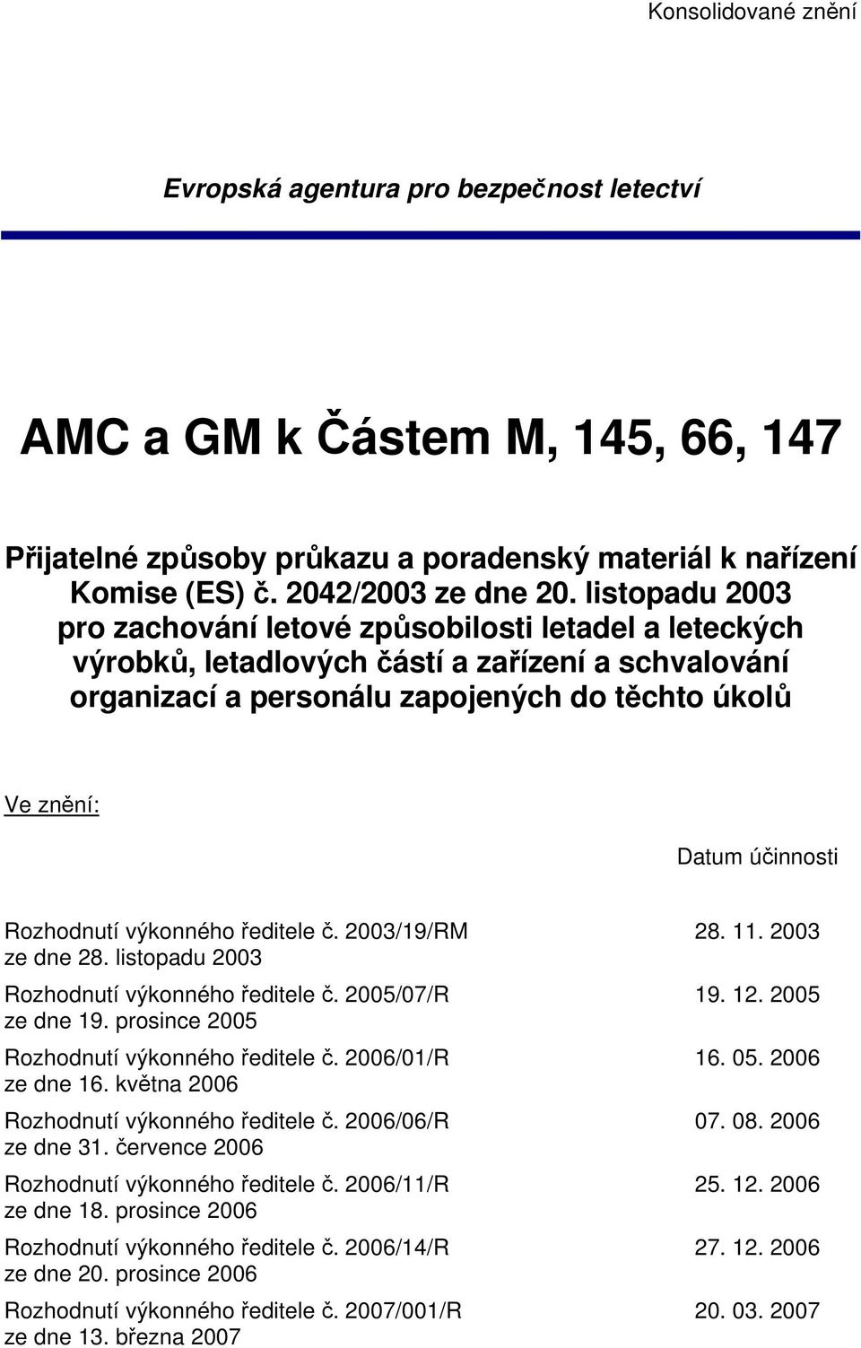 Rozhodnutí výkonného ředitele č. 2003/19/RM ze dne 28. listopadu 2003 Rozhodnutí výkonného ředitele č. 2005/07/R ze dne 19. prosince 2005 Rozhodnutí výkonného ředitele č. 2006/01/R ze dne 16.