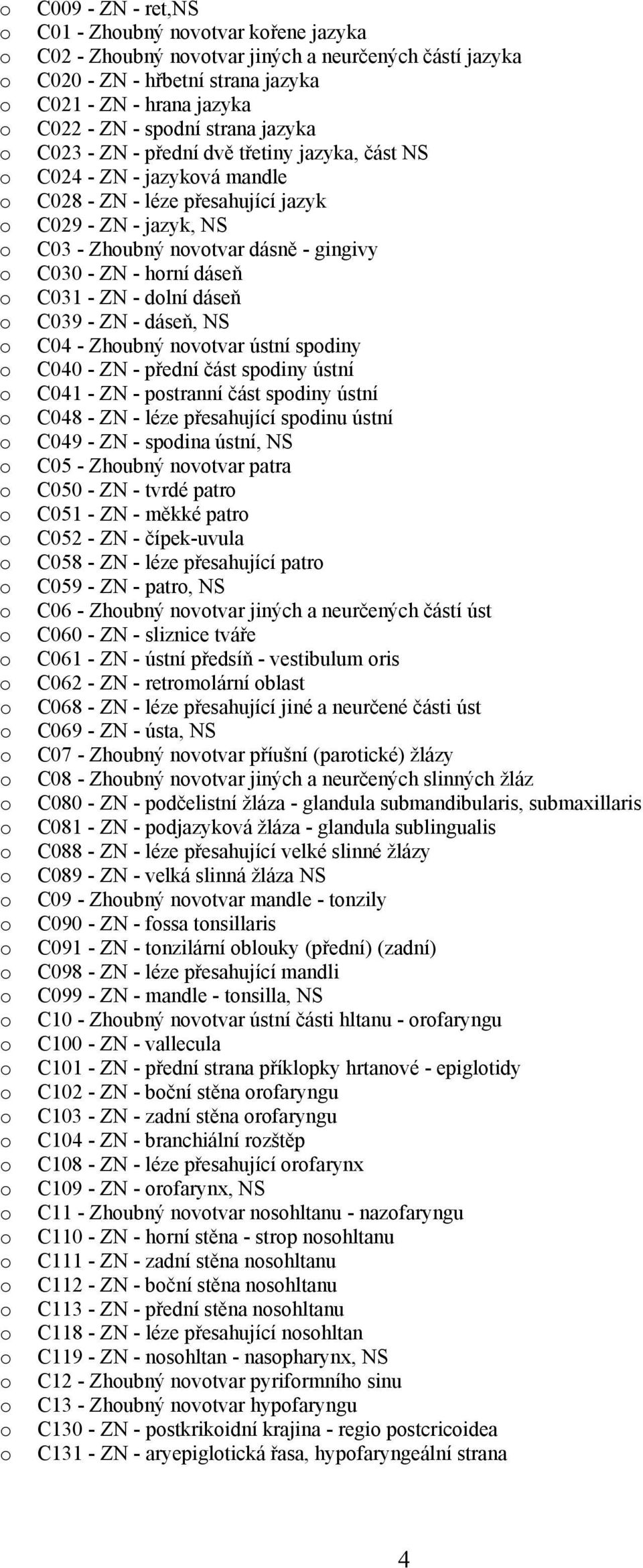 - dlní dáseň C039 - ZN - dáseň, NS C04 - Zhubný nvtvar ústní spdiny C040 - ZN - přední část spdiny ústní C041 - ZN - pstranní část spdiny ústní C048 - ZN - léze přesahující spdinu ústní C049 - ZN -