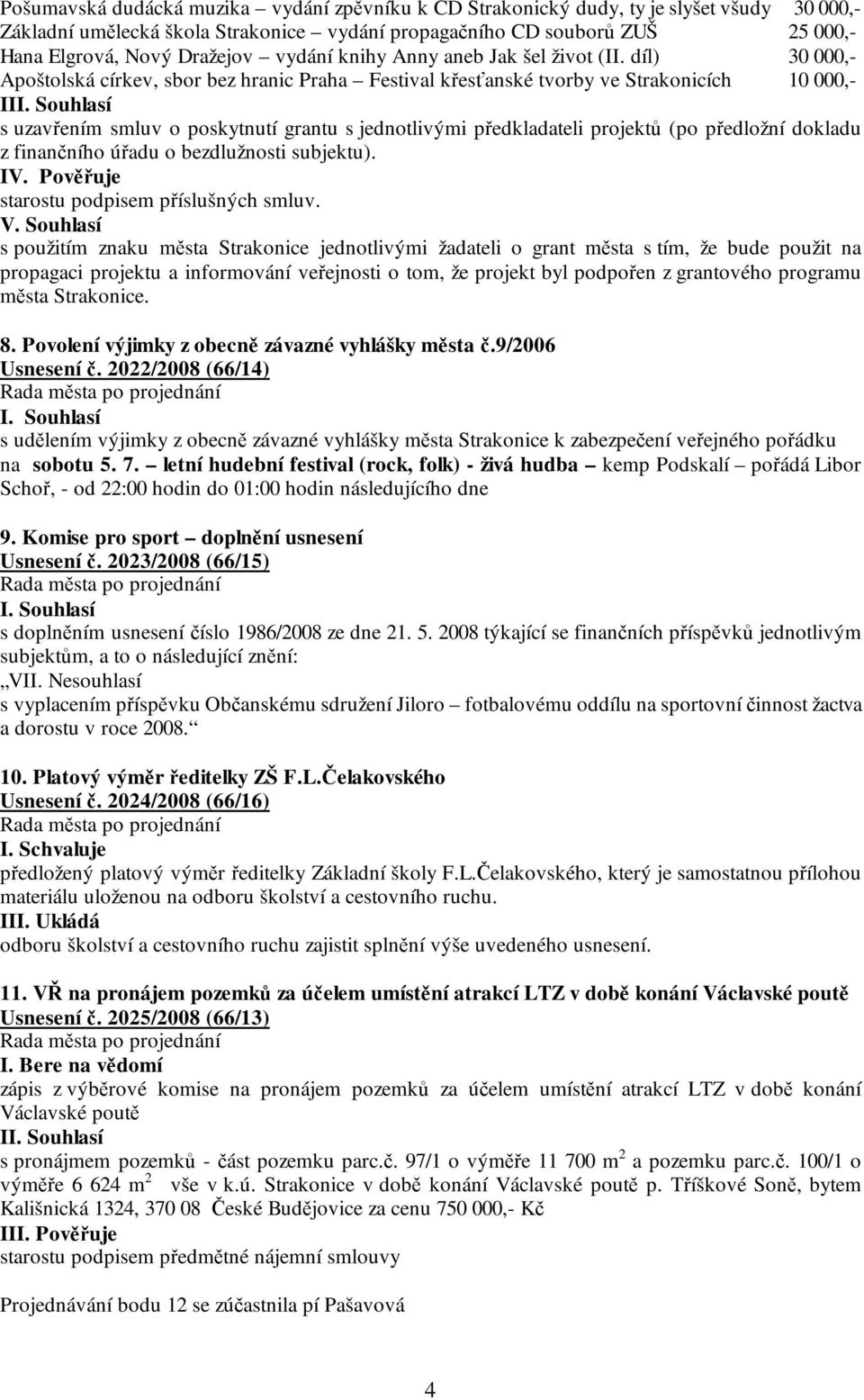 díl) 30 000,- Apoštolská církev, sbor bez hranic Praha Festival křesťanské tvorby ve Strakonicích 10 000,- II s uzavřením smluv o poskytnutí grantu s jednotlivými předkladateli projektů (po předložní