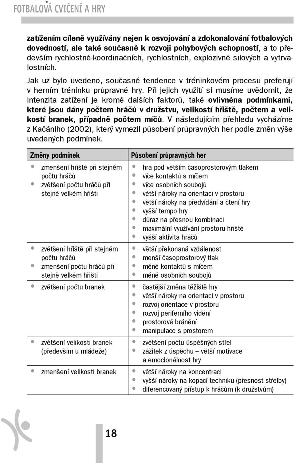 Při jejich využití si musíme uvědomit, že inten zita zatížení je kromě dalších faktorů, také ovlivněna podmínkami, které jsou dány počtem hráčů v družstvu, velikostí hřiště, počtem a velikostí