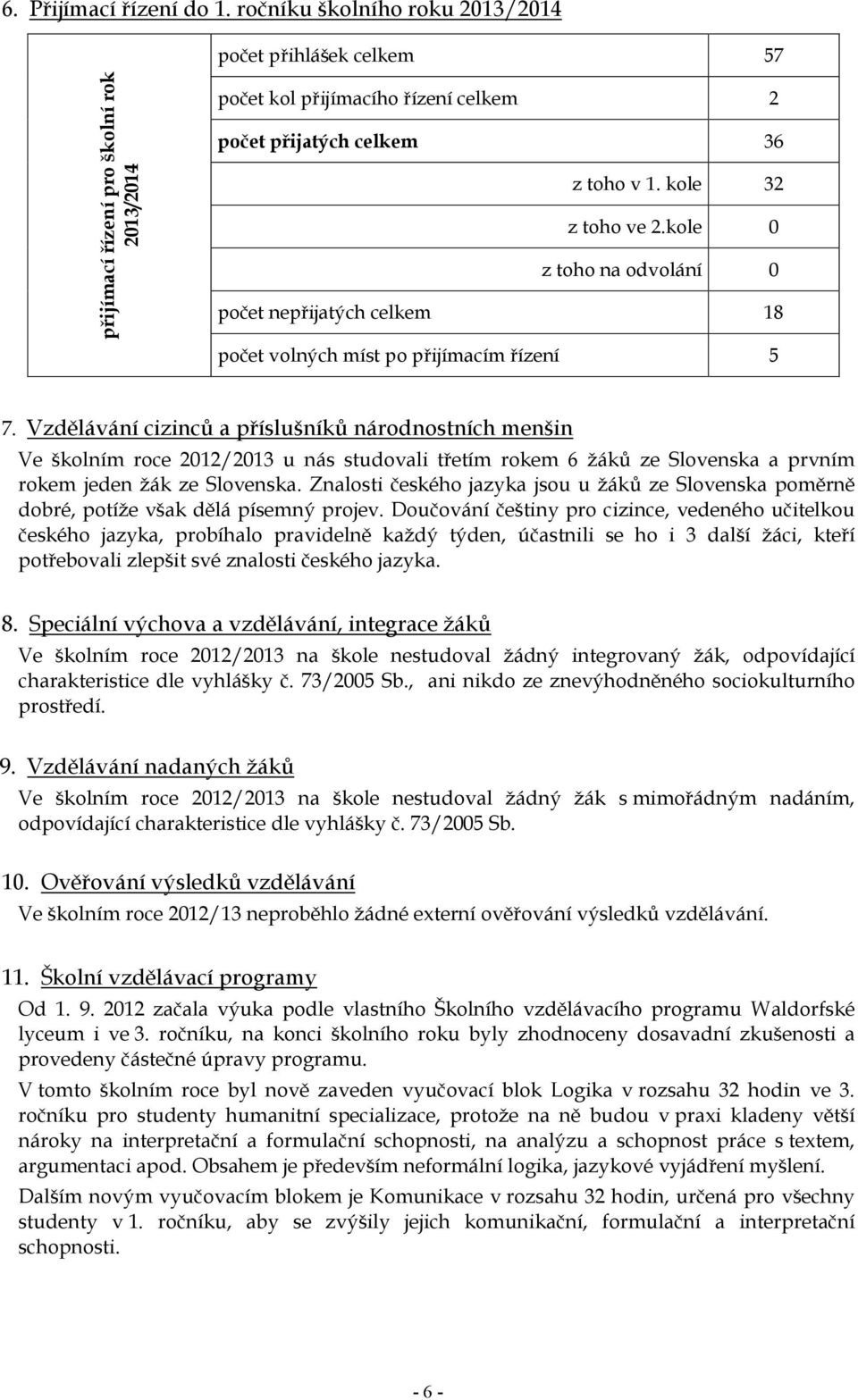 kole 0 z toho na odvolání 0 počet nepřijatých celkem 18 počet volných míst po přijímacím řízení 5 7.