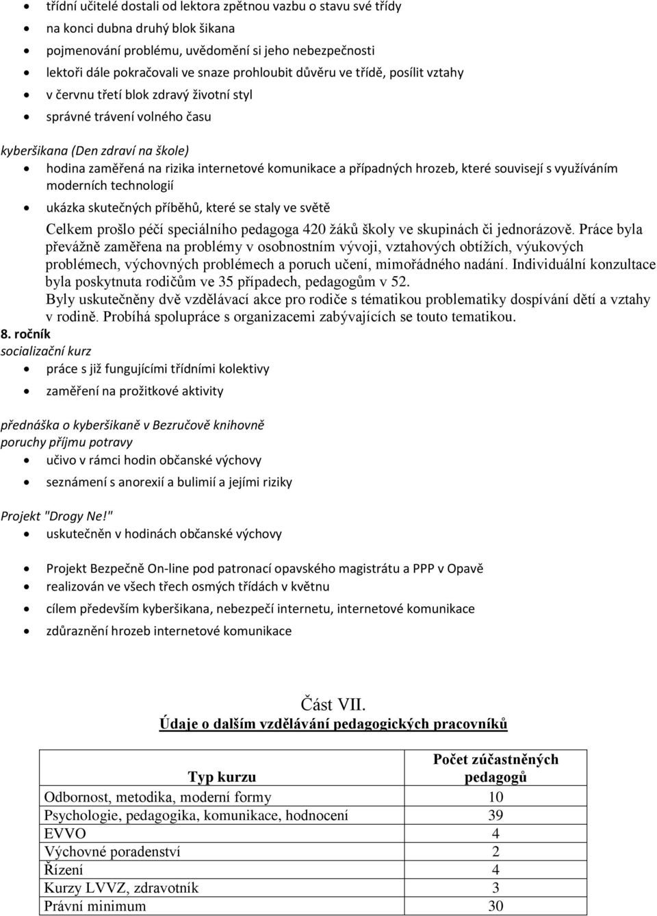 hrozeb, které souvisejí s využíváním moderních technologií ukázka skutečných příběhů, které se staly ve světě Celkem prošlo péčí speciálního pedagoga 420 žáků školy ve skupinách či jednorázově.