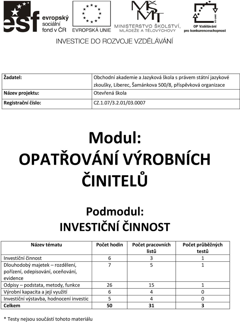 0007 Modul: OPATŘOVÁNÍ VÝROBNÍCH ČINITELŮ Podmodul: INVESTIČNÍ ČINNOST Název tématu Počet hodin Počet pracovních listů Počet průběžných testů Investiční