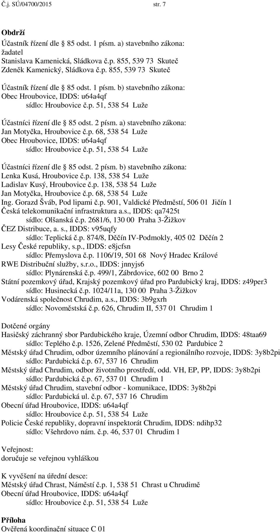 p. 51, 538 54 Luže Účastníci řízení dle 85 odst. 2 písm. b) stavebního zákona: Lenka Kusá, Hroubovice č.p. 138, 538 54 Luže Ladislav Kusý, Hroubovice č.p. 138, 538 54 Luže Jan Motyčka, Hroubovice č.p. 68, 538 54 Luže Ing.